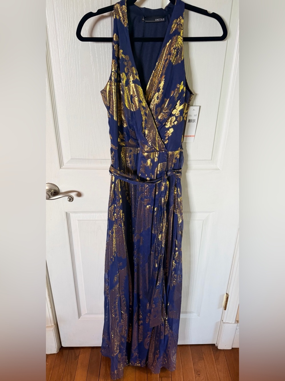 Chetta B Sleeveless Navy and Gold Metallic Wrap Maxi Dress